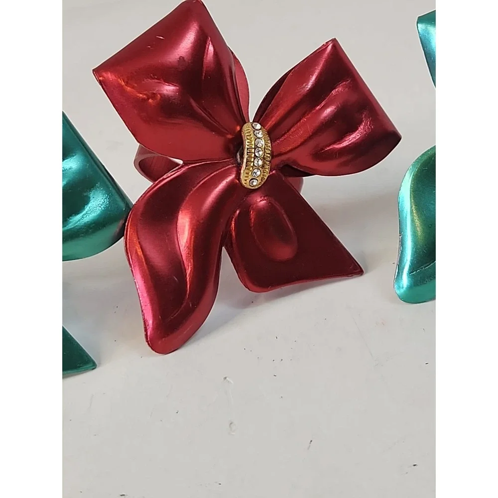 Vintage Metallic Metal Bow Napkin Rings Red Teal Mid Century Retro Set of 4